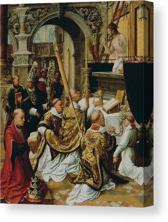 16th Century Art Canvas Print featuring the painting The Mass of Saint Gregory the Great by Adriaen Isenbrandt