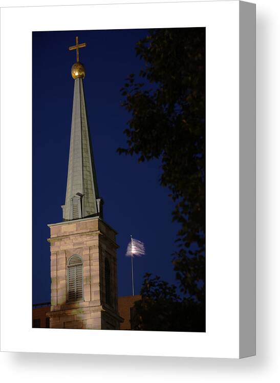 Coblitz Cathedral Old Tower Steeple Church Worship Cross Night Flag Blue Stone Building St Louis Missouri Mo Architecture Architectural Canvas Print featuring the photograph The Old Cathedral - St. Louis by David Coblitz