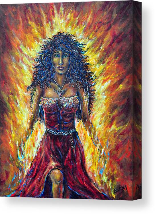 Fantasy Figurative Female Phoenix Fire Red Yellow Strength Passion Canvas Print featuring the painting The Phoenix by Gail Butler