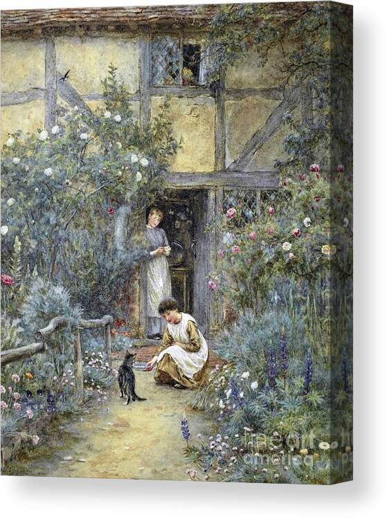 Helen Allingham - The Saucer Of Milk. Beautiful House Canvas Print featuring the painting The Saucer of Milk by Helen Allingham