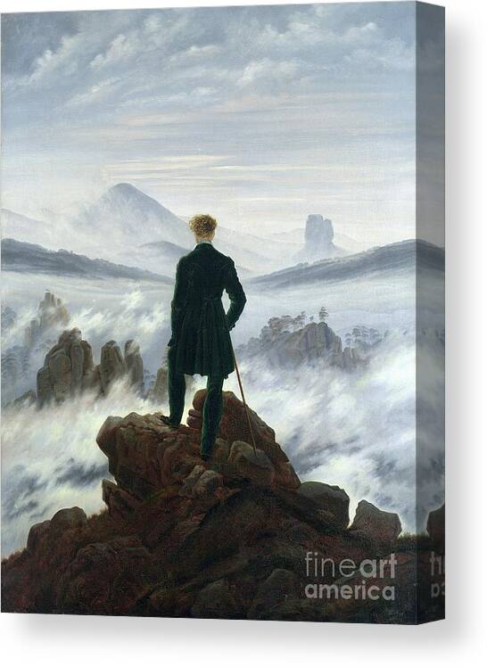 The Canvas Print featuring the painting The Wanderer above the Sea of Fog by Caspar David Friedrich