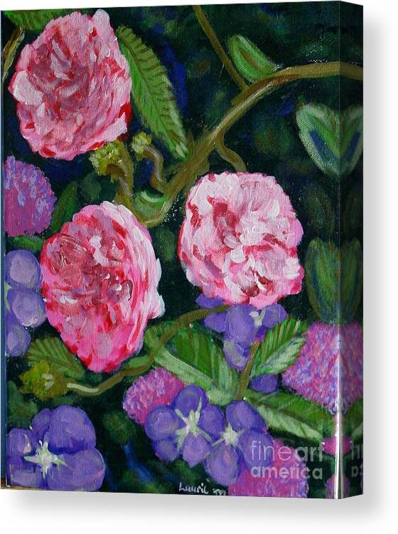 Roses Canvas Print featuring the painting Three for the Show by Laurie Morgan