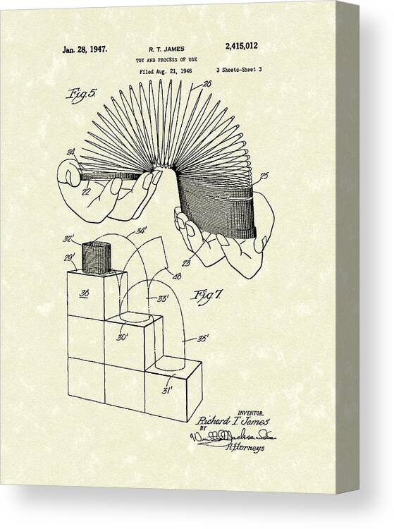 James Canvas Print featuring the drawing Toy 1947 Patent Art by Prior Art Design