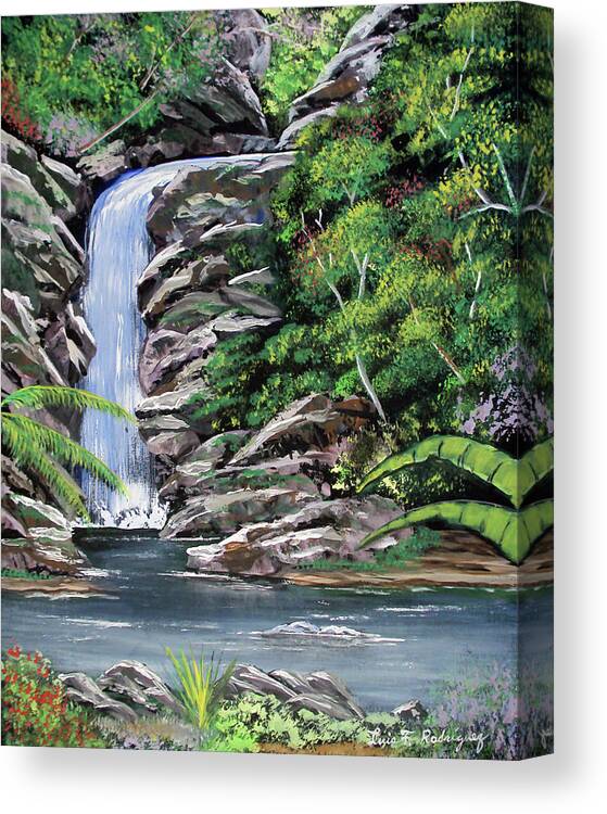 Tropical Canvas Print featuring the painting Tropical Waterfall 2 by Luis F Rodriguez
