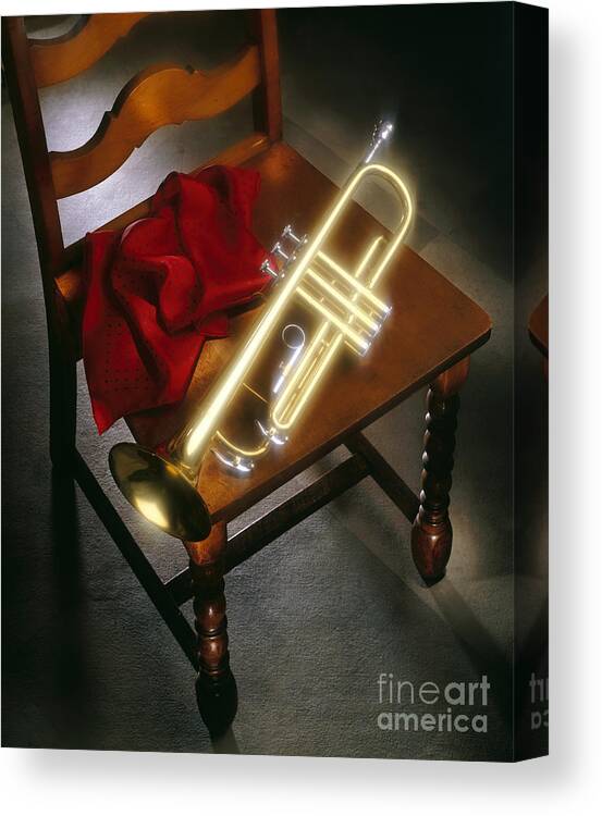 Trumpet Canvas Print featuring the photograph Trumpet on chair by Tony Cordoza