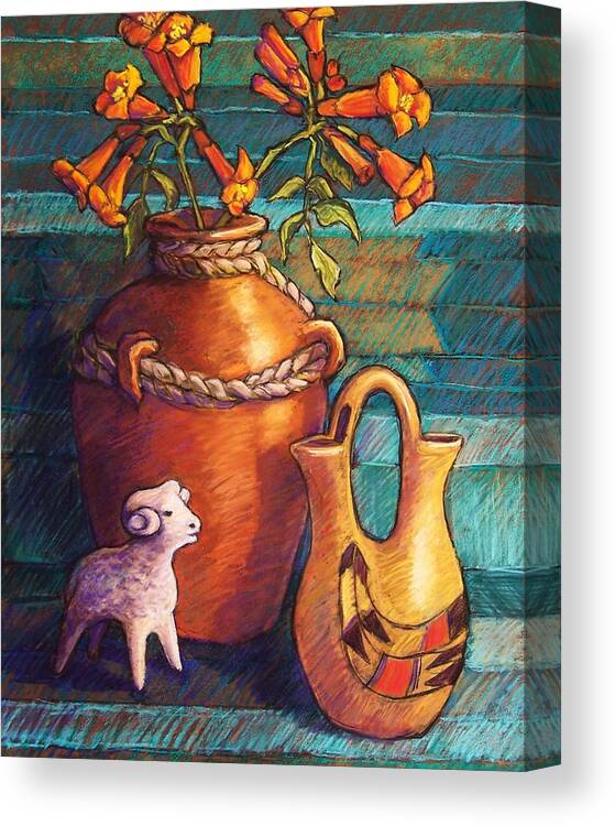 Still Life Canvas Print featuring the pastel Trumpet Vines and Pottery by Candy Mayer