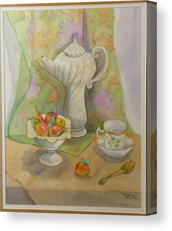 White Turkish Teapot. Marzipan Fruit Candies Canvas Print featuring the painting Turkish Teapot With Martizpan by Madeline Lovallo