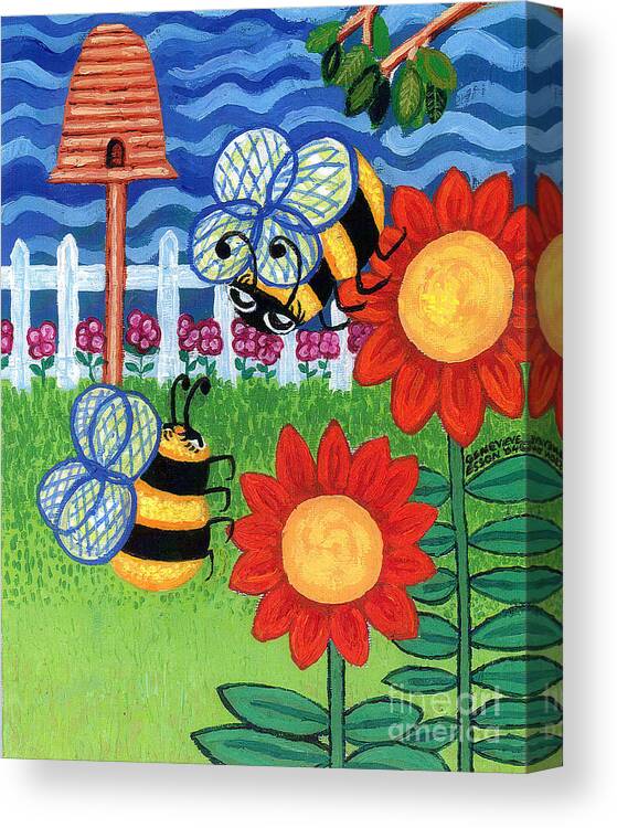 Sunflower Canvas Print featuring the painting Two Bees With Red Flowers by Genevieve Esson