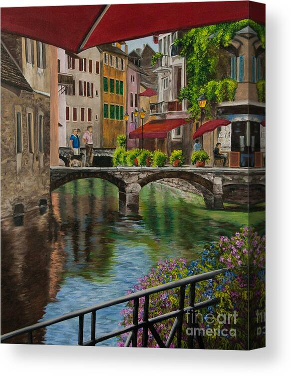 Annecy France Art Canvas Print featuring the painting Under the Umbrella in Annecy by Charlotte Blanchard