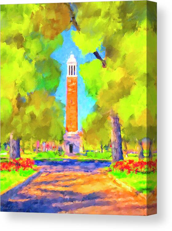Denny Chimes Canvas Print featuring the painting Denny Chimes On The Quad by Mark Tisdale