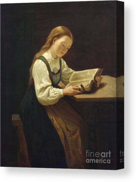 Adolph Tidemand Canvas Print featuring the painting Girl reading by Adolph Tidemand