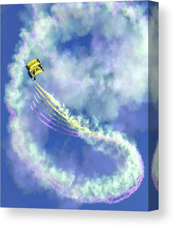 Us Navy Seals Canvas Print featuring the photograph US Navy Seals Colorful Parachute Jump by Her Arts Desire