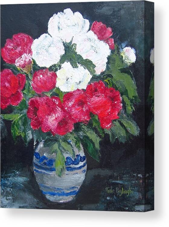 Acrylic Knife Painting Canvas Print featuring the painting Vase of peonies by Paula Pagliughi