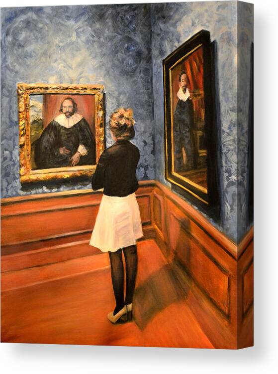 Watching Dutch Old Masters At Mauritshuis The Hague Holland Canvas Print featuring the painting Watching Dutch Old Masters by Escha Van den bogerd