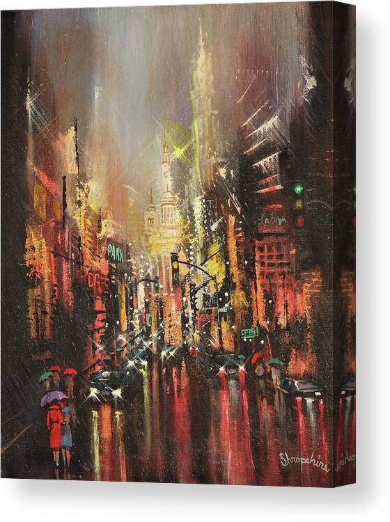 City Rain Canvas Print featuring the painting Wet Streets by Tom Shropshire