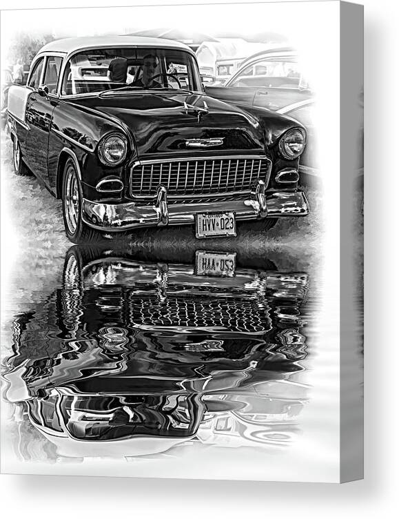 Automotive Canvas Print featuring the photograph Wicked 1955 Chevy - Reflection bw by Steve Harrington