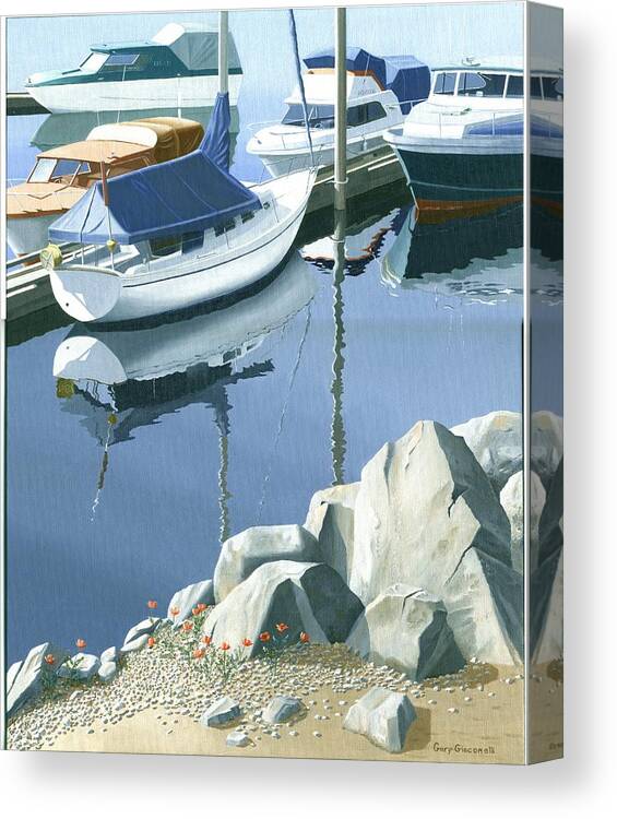 Sailboat Canvas Print featuring the painting Wildflowers on the breakwater by Gary Giacomelli