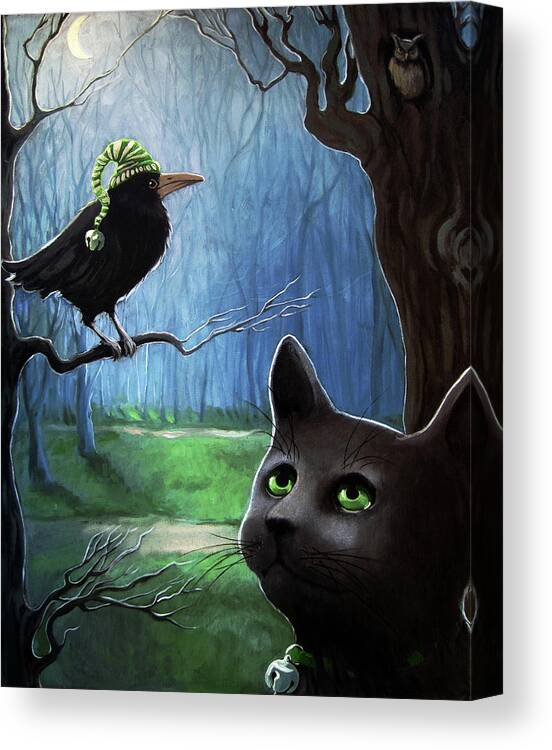 Halloween Canvas Print featuring the painting Wit's End - Winter Nightime Forest by Linda Apple