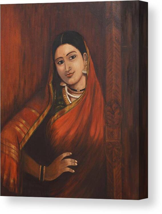 Woman Canvas Print featuring the painting Woman in Saree - after Raja Ravi Varma by Usha Shantharam