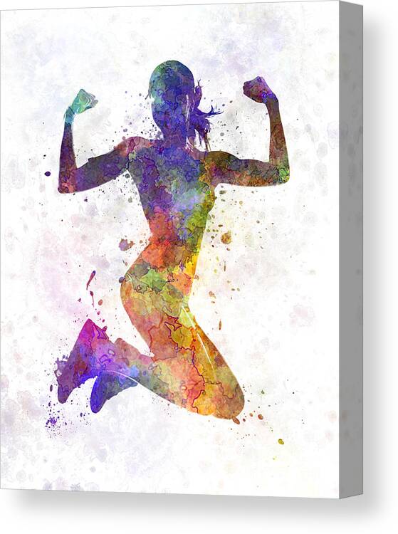 Athleticism Canvas Print featuring the painting Woman runner jogger jumping powerful by Pablo Romero