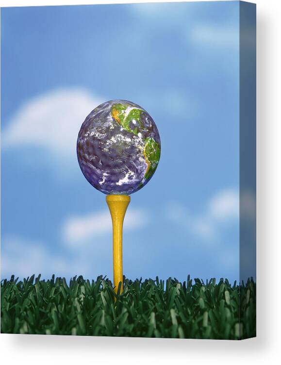 Golf; Ball; Sport; Sports; Grass; Green; World; Earth; Environment; Environmental; Nature; Global; Golf Ball; Tee; Golf Tee Canvas Print featuring the photograph World Teed Up by Gerard Fritz