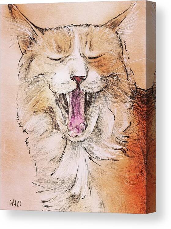 Cat Canvas Print featuring the digital art Yawning Ginger Cat by AnneMarie Welsh