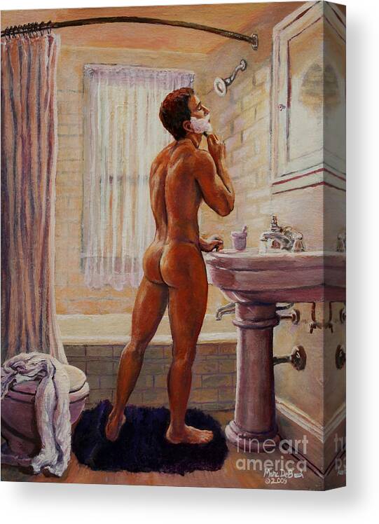 Bathroom Canvas Print featuring the painting Young Man Shaving by Marc DeBauch