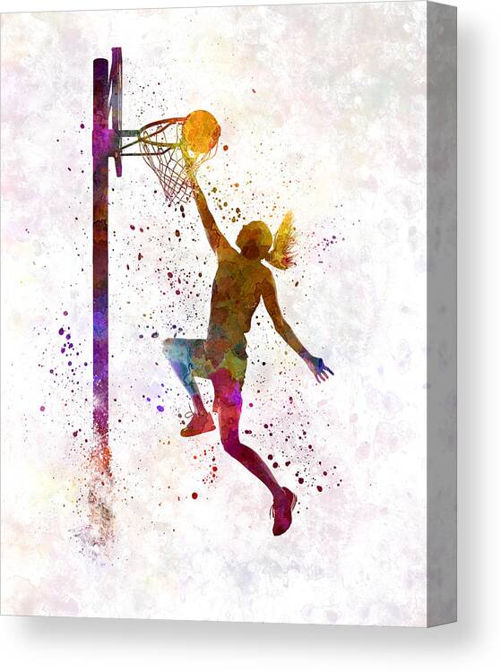 Young Woman Player In Watercolor Canvas Print featuring the painting Young woman basketball player 04 in watercolor by Pablo Romero