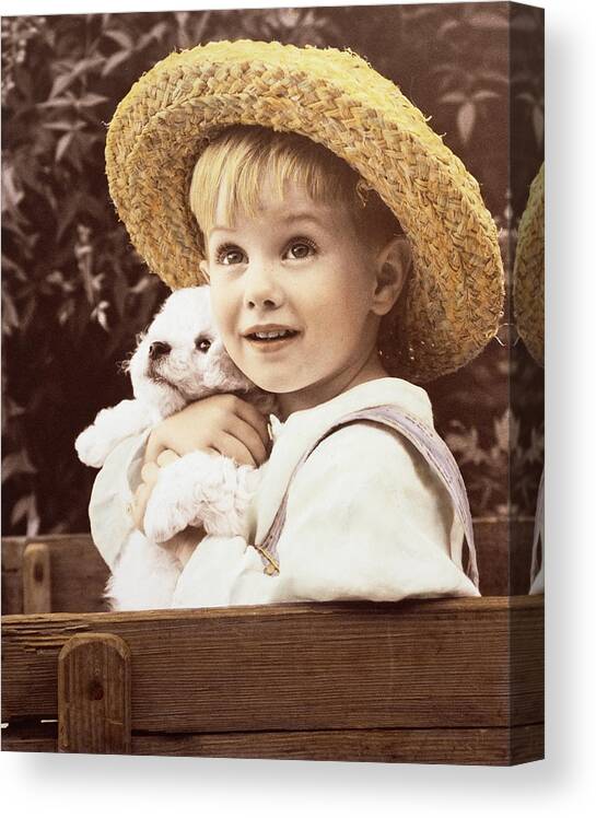 Little Boy Wearing A Straw Hat Hugging Little White Puppy Canvas Print featuring the photograph 045 Danny Boy by Sharon Forbes
