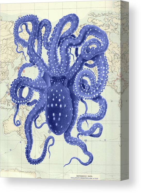 Steampunk Canvas Print featuring the painting Blue Octopus 2 On Nautical Map #1 by Fab Funky