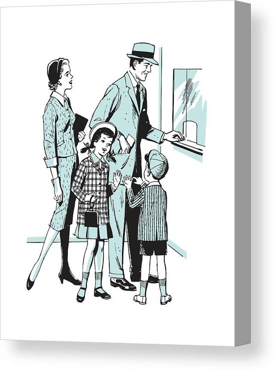 Accessories Canvas Print featuring the drawing Family of Four at Ticket Booth #1 by CSA Images
