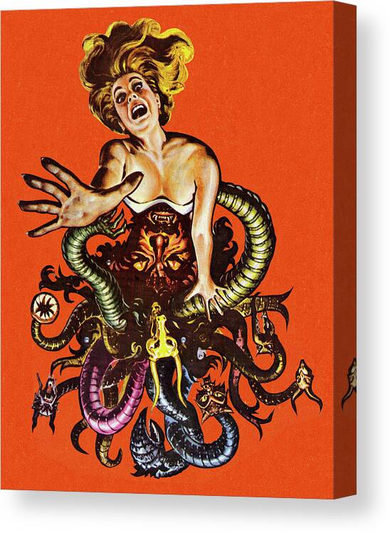 Adult Canvas Print featuring the drawing Woman Engulfed in Snakes and Demons #1 by CSA Images