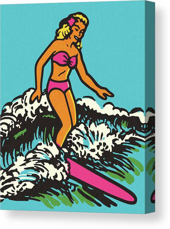 Action Canvas Print featuring the drawing Woman Surfing #1 by CSA Images