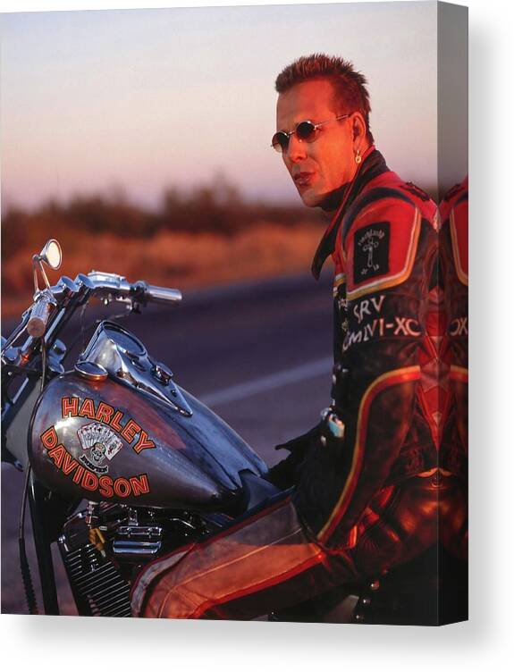 Mickey Rourke Canvas Print featuring the photograph MICKEY ROURKE in HARLEY DAVIDSON AND THE MARLBORO MAN -1991-. #2 by Album