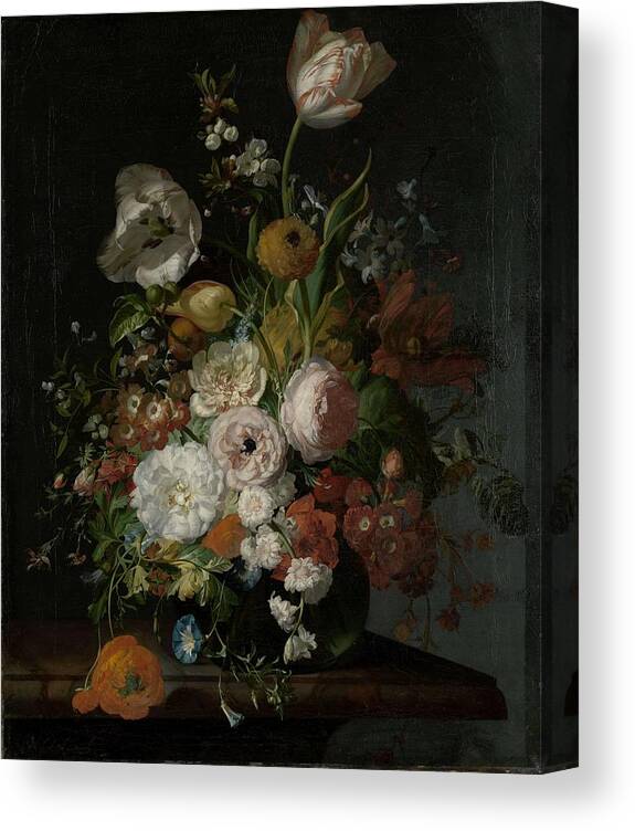 Canvas Canvas Print featuring the painting Still Life with Flowers in a Glass Vase. #2 by Rachel Ruysch