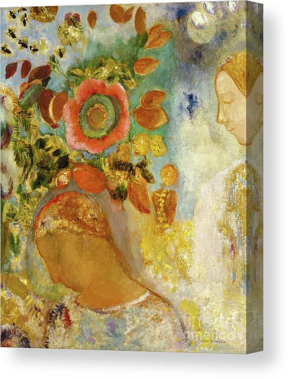 Female Canvas Print featuring the painting Two Young Girls among Flowers, 1912 by Odilon Redon