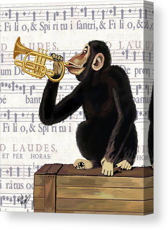 Steampunk Canvas Print featuring the painting Monkey Playing Trumpet #3 by Fab Funky