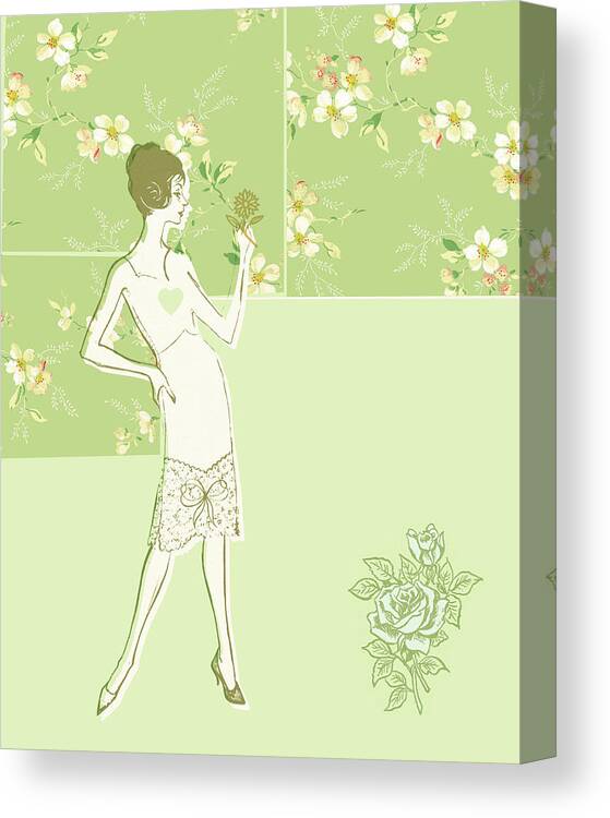 Background Canvas Print featuring the drawing Woman with flowers #4 by CSA Images
