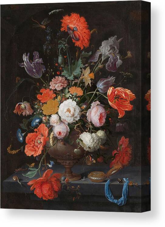 Abraham Mignon Canvas Print featuring the painting Still Life with Flowers and a Watch. #6 by Abraham Mignon