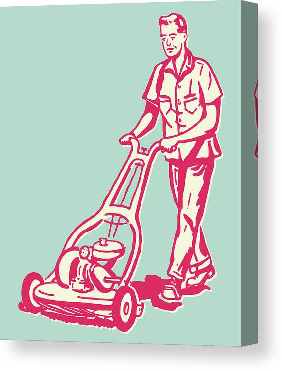 Adult Canvas Print featuring the drawing Man Mowing Lawn #8 by CSA Images