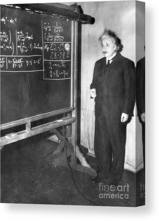 Physicist Canvas Print featuring the photograph Albert Einstein Gives A Lecture by Bettmann