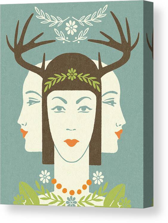 Accessories Canvas Print featuring the drawing Antler Woman With Two Ladies by CSA Images