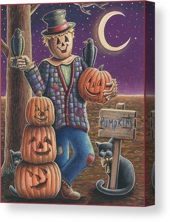 A Scarecrow With Carved Pumpkins Canvas Print featuring the digital art Apple Scarecrow by Michele Meissner