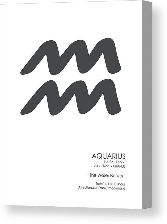 Aquarius Canvas Print featuring the mixed media Aquarius Print - Zodiac Signs Print - Zodiac Posters - Aquarius Poster - Black and White by Studio Grafiikka