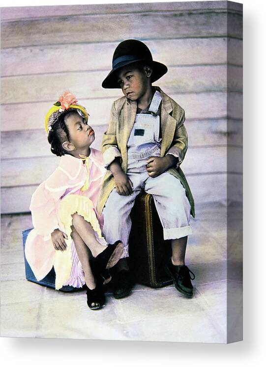 Boy And Girl Sitting On Luggage Canvas Print featuring the photograph B455-14 by Nora Hernandez