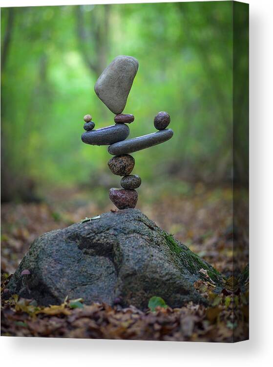 Meditation Zen Yoga Mindfulness Stones Nature Land Art Balancing Sweden Canvas Print featuring the sculpture Balancing art #34 by Pontus Jansson