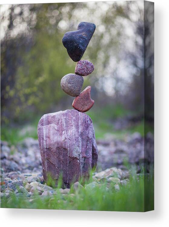 Meditation Zen Yoga Mindfulness Stones Nature Land Art Balancing Sweden Canvas Print featuring the sculpture Balancing art #50 by Pontus Jansson