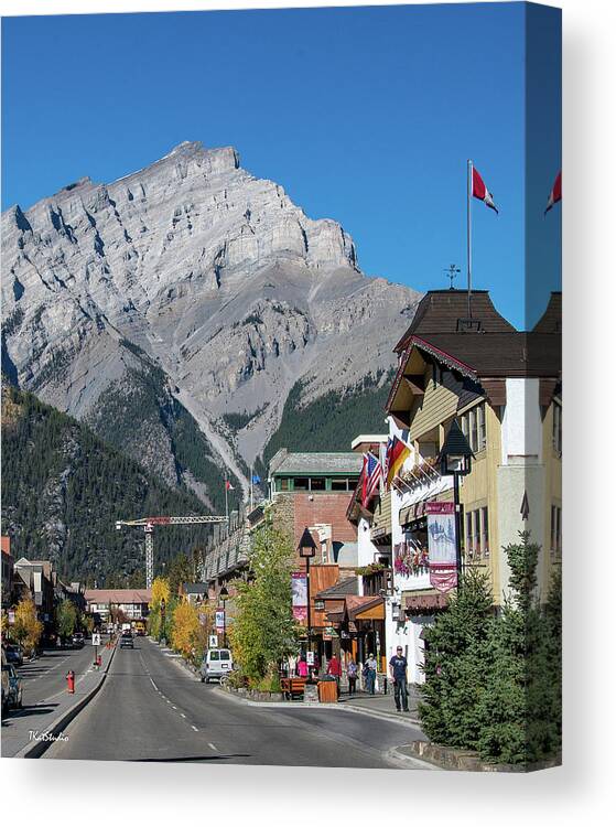 2015 Canvas Print featuring the photograph Banff Town Center and Cascade Mountain by Tim Kathka