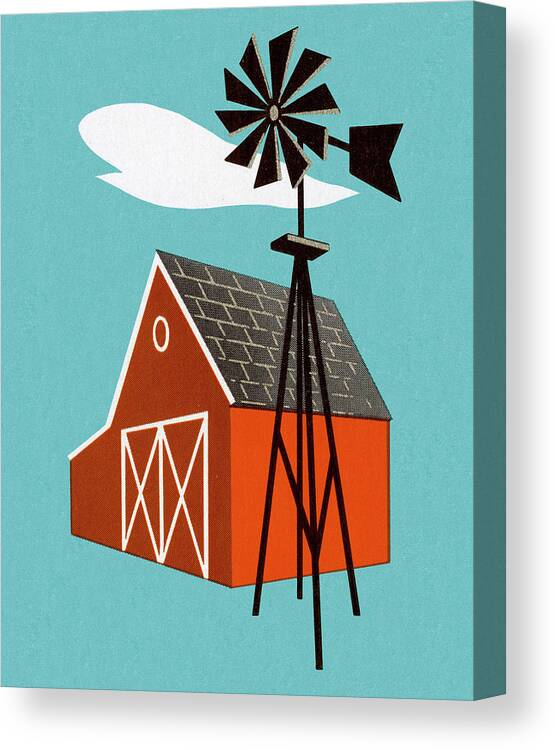 Agriculture Canvas Print featuring the drawing Barn and Windmill by CSA Images