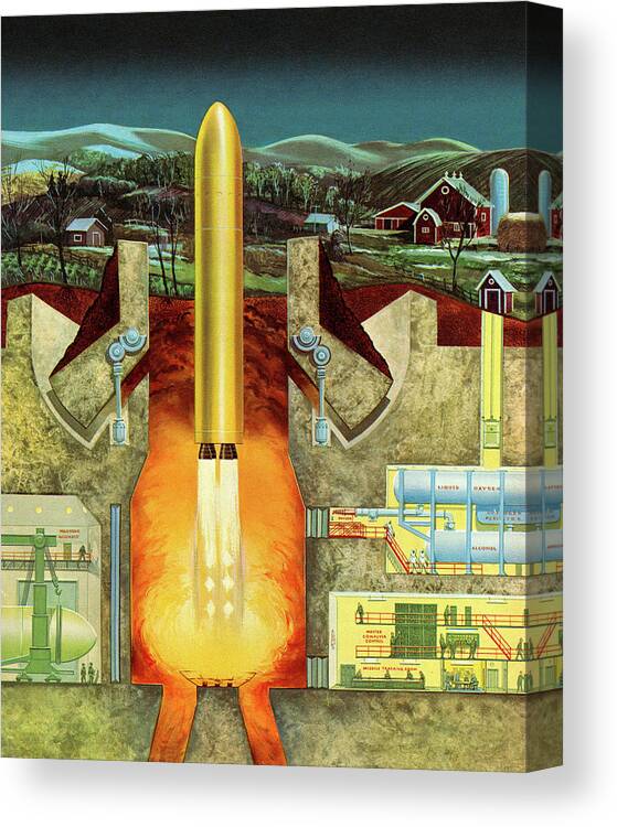 Armed Forces Canvas Print featuring the drawing Blastoff of Missile from Underground Bunker by CSA Images